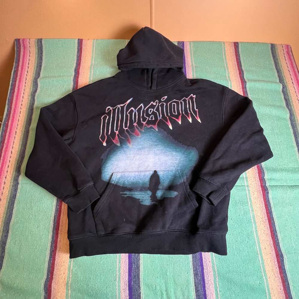 Illusion Graphic Hoodie Mens Large Black Distorted Face Streetwear Pullover